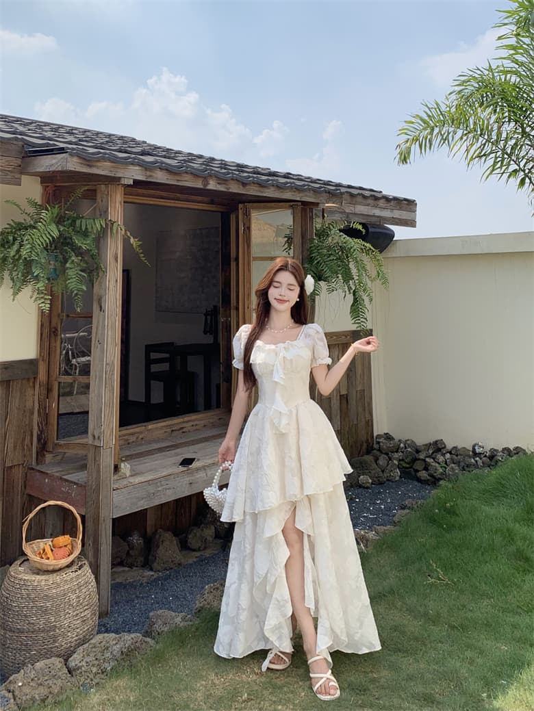 실사 감기 萃 재스민 프랑스식 휴가 바람 레이스 드레스 오프숄더 허리 수축 불규칙 요정 치마 상세 이미지 10