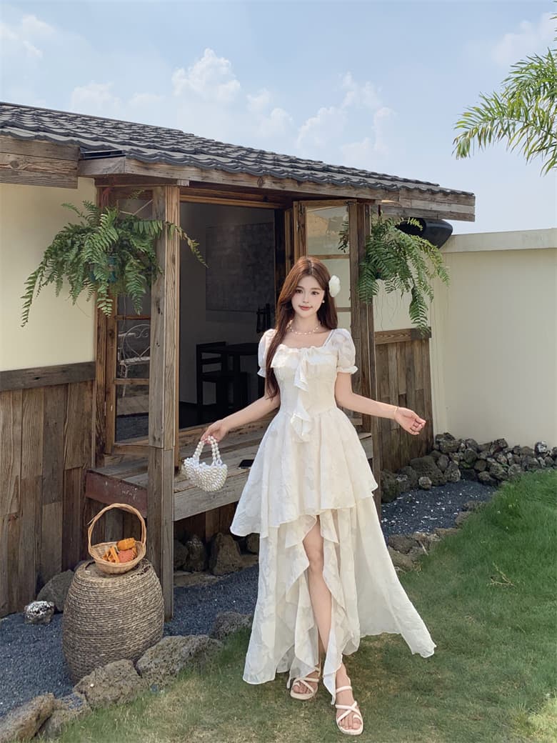 실사 감기 萃 재스민 프랑스식 휴가 바람 레이스 드레스 오프숄더 허리 수축 불규칙 요정 치마 상세 이미지 11