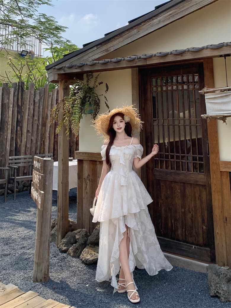 실사 감기 萃 재스민 프랑스식 휴가 바람 레이스 드레스 오프숄더 허리 수축 불규칙 요정 치마 상세 이미지 14
