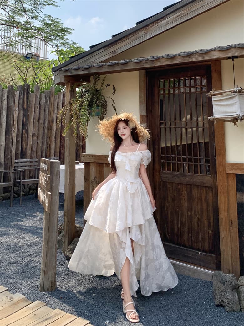 실사 감기 萃 재스민 프랑스식 휴가 바람 레이스 드레스 오프숄더 허리 수축 불규칙 요정 치마 상세 이미지 16