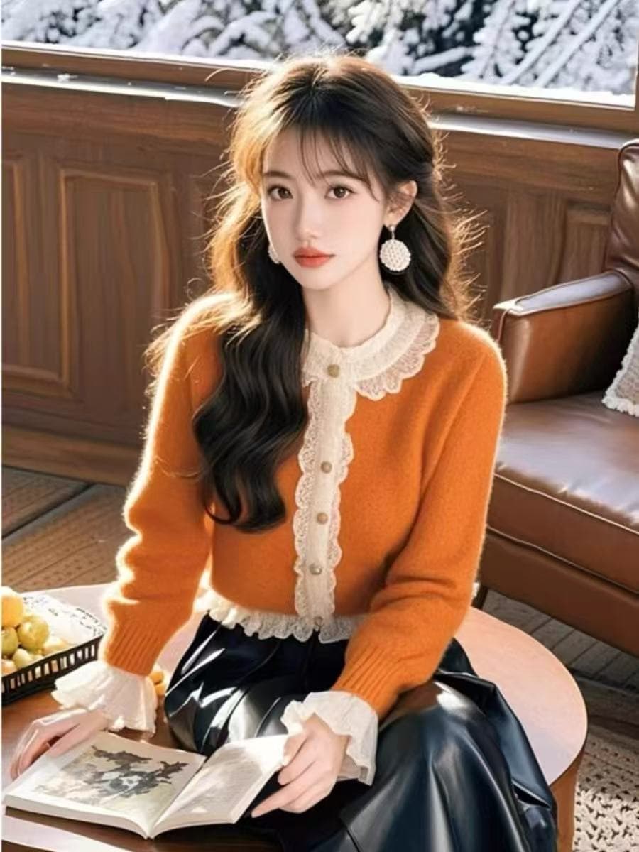 양모 스웨터 작은 샤넬 스타일 주황색 스웨터 여자 가을 겨울 새로운 레이스 레이스 니트 스웨터 연령 감소 작은 키 카디건 이미지 3
