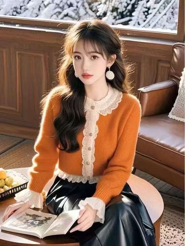 양모 스웨터 작은 샤넬 스타일 주황색 스웨터 여자 가을 겨울 새로운 레이스 레이스 니트 스웨터 연령 감소 작은 키 카디건 상세 이미지 1