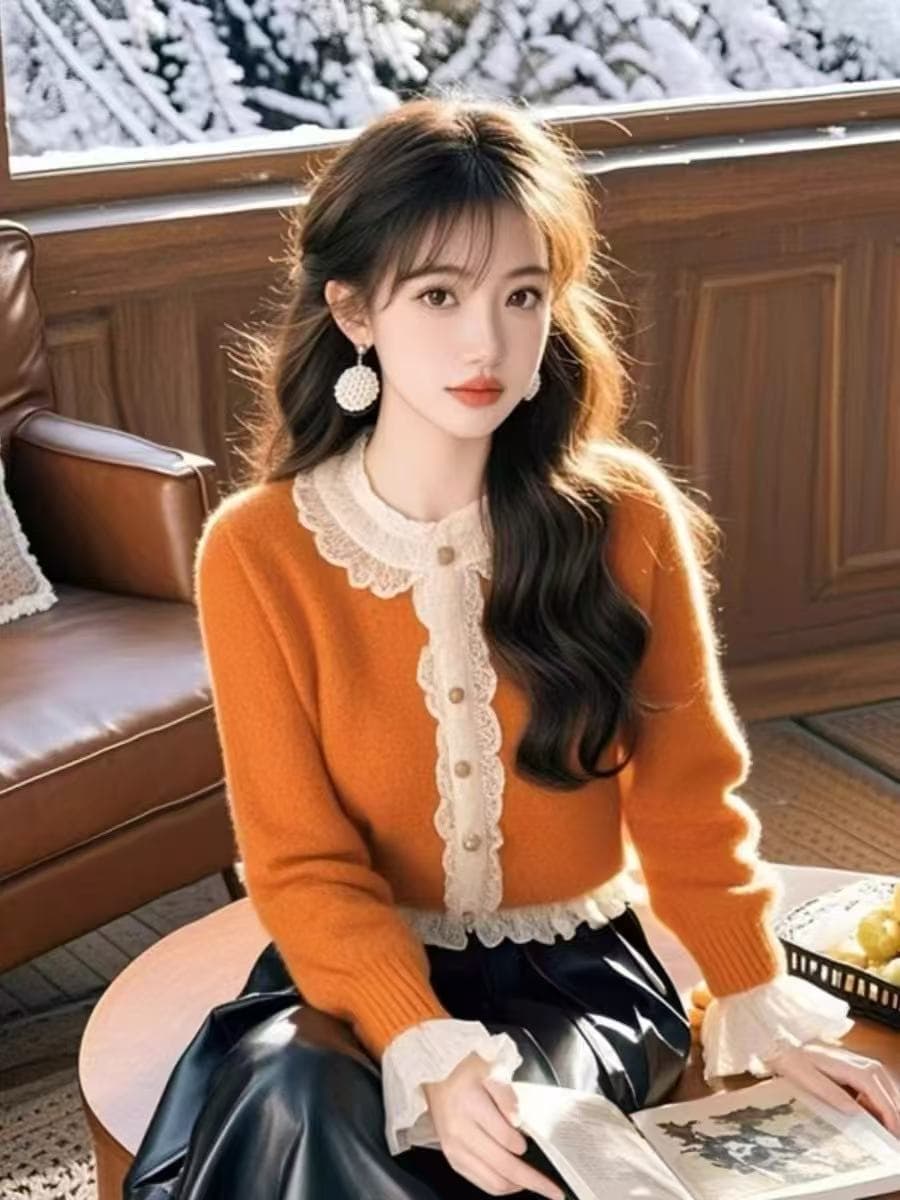 양모 스웨터 작은 샤넬 스타일 주황색 스웨터 여자 가을 겨울 새로운 레이스 레이스 니트 스웨터 연령 감소 작은 키 카디건 상세 이미지 2