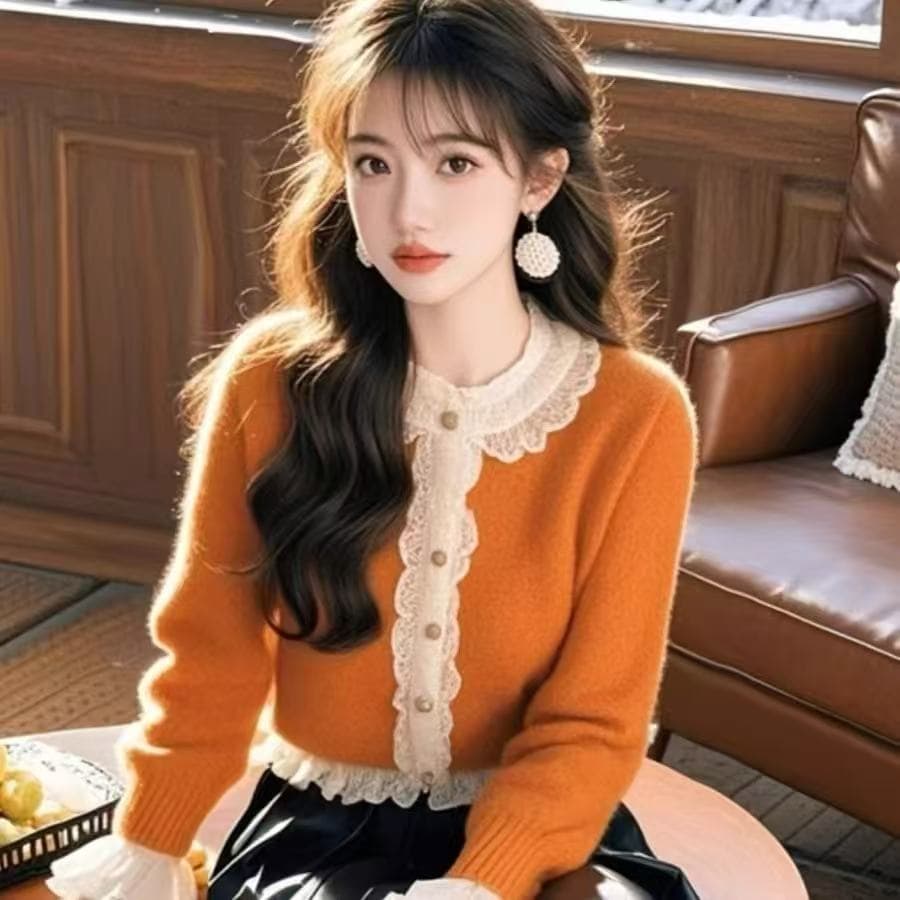 양모 스웨터 작은 샤넬 스타일 주황색 스웨터 여자 가을 겨울 새로운 레이스 레이스 니트 스웨터 연령 감소 작은 키 카디건 상세 이미지 4