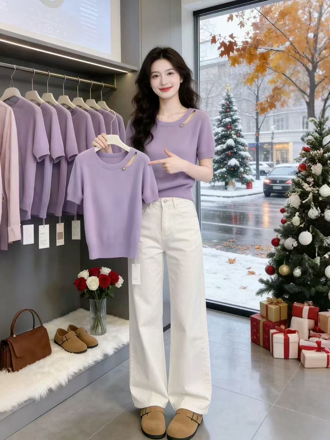 초기 여름 고유 한 잘 생긴 풀오버 홀로우 아웃 털 니트 스웨터 라운드 넥 반팔 캐주얼 바람 프로 피부 통기성 티셔츠 여성 의류 이미지 3