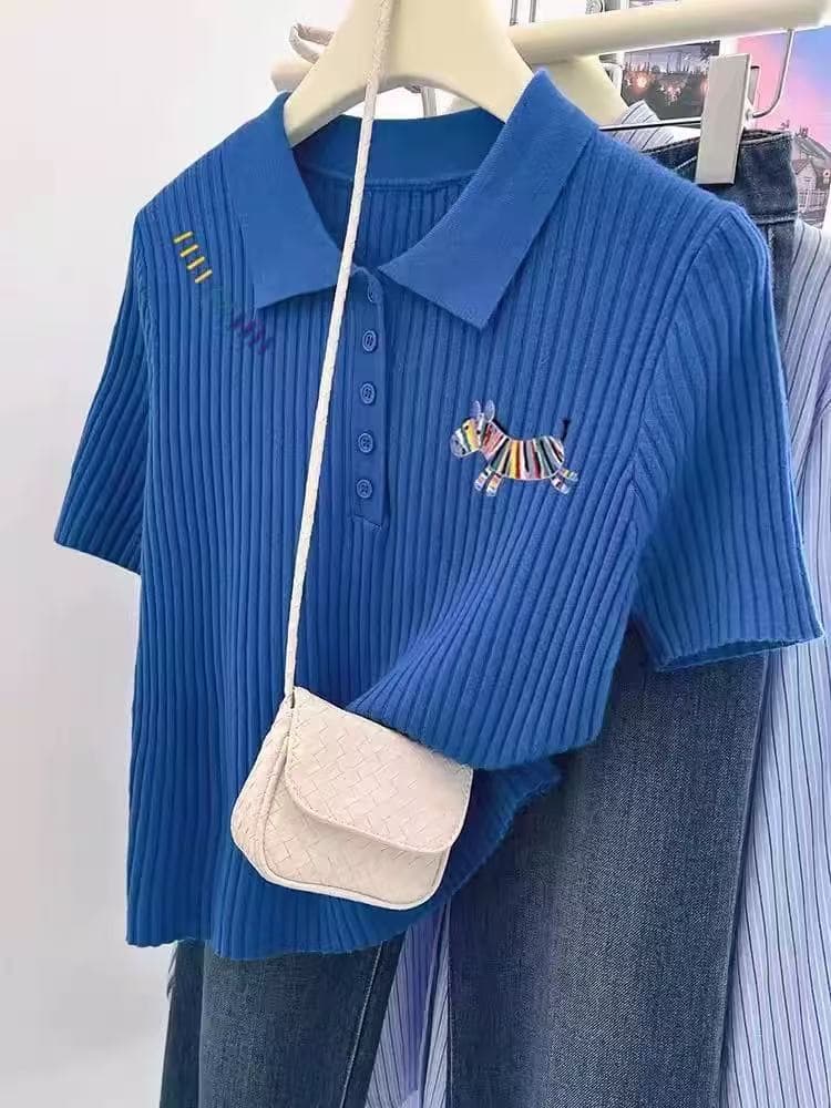 톰 글 래 원인 파란색 지방 mm 긍정적 인 어깨 반팔 니트 스웨터 여름 외국 가스 연령 감소 패션 POLO 칼라 빅 사이즈 맨위 여성 의류 이미지 4