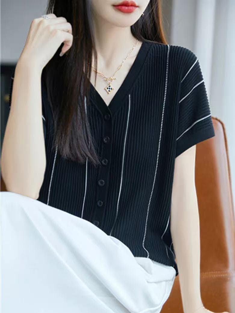 2026 새로운 V넥 오픈 가디건 반팔 티셔츠 여성 여름 기본 셔츠 외국 가스 빅 사이즈 여성 의류 얼음 실크 니트 맨위 이미지 4
