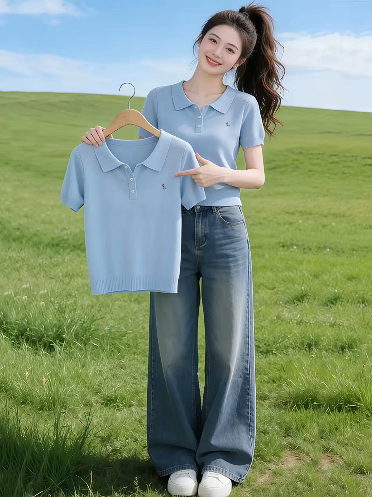 하늘색 POLO 칼라 니트 자수 반팔 티셔츠 여성 2026 새로운 여름 도파민 착용 가져 가라. 품격 맨위 상세 이미지 1