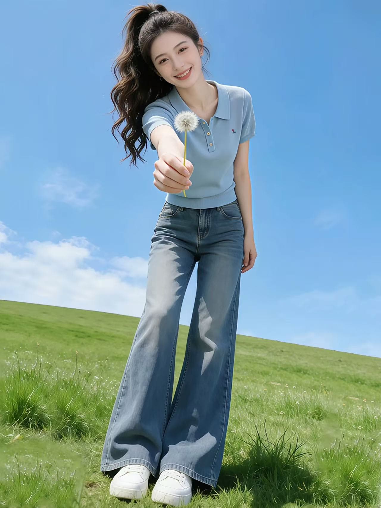 하늘색 POLO 칼라 니트 자수 반팔 티셔츠 여성 2026 새로운 여름 도파민 착용 가져 가라. 품격 맨위 상세 이미지 2