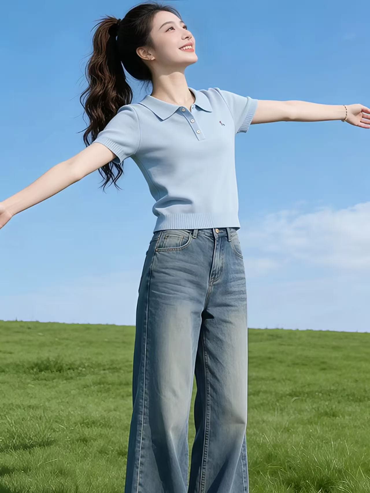 하늘색 POLO 칼라 니트 자수 반팔 티셔츠 여성 2026 새로운 여름 도파민 착용 가져 가라. 품격 맨위 상세 이미지 4