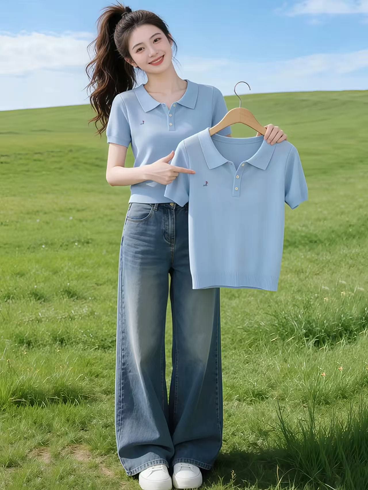하늘색 POLO 칼라 니트 자수 반팔 티셔츠 여성 2026 새로운 여름 도파민 착용 가져 가라. 품격 맨위 상세 이미지 5