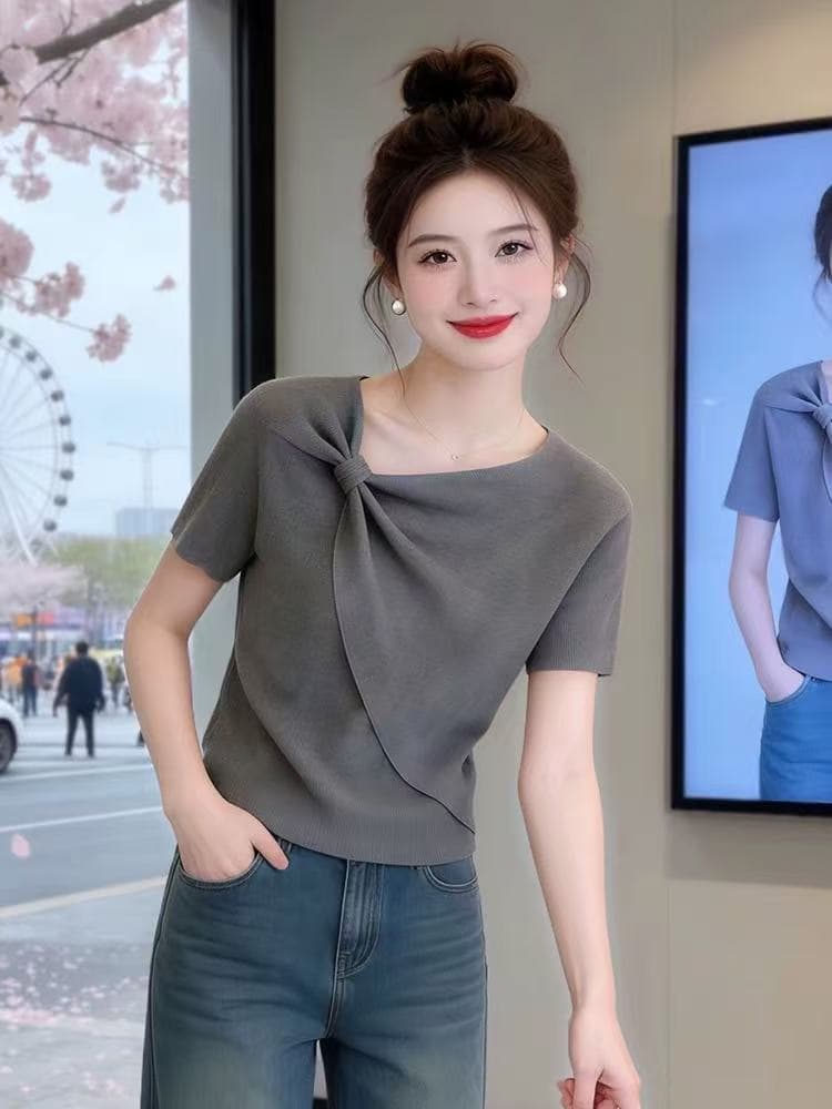2026 여름 새로운 여성 나비 비틀림 디자인 센스 반팔 티셔츠 작은 대중 슬림해 보이는 고유 한 아름다운 맨위 서비스 이미지 4