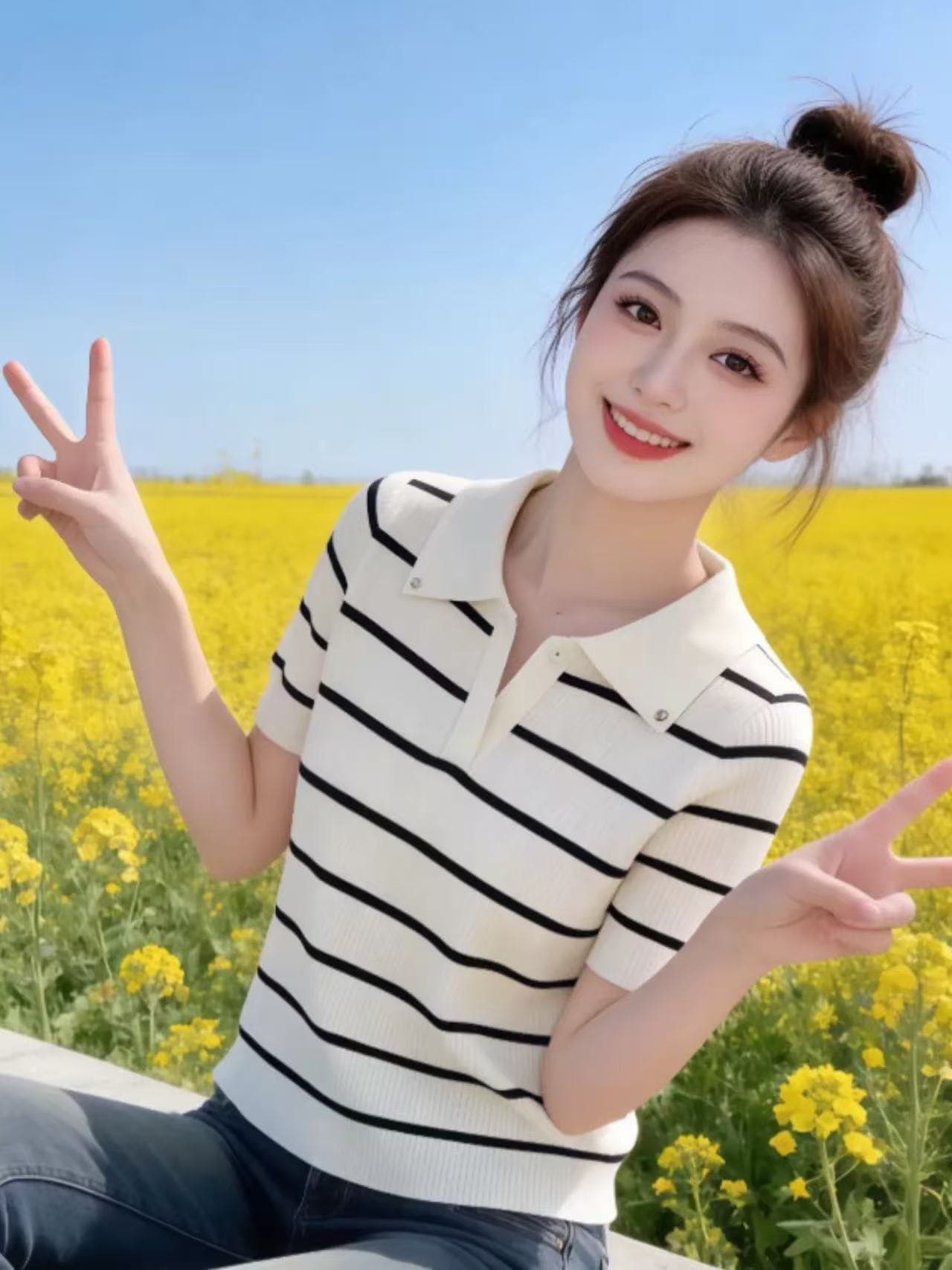 한국 스타일 패션 스트라이프 패치워크 폴로 칼라 반팔 티셔츠 여성 2026 여름 새로운 슈퍼 잘 생긴 연령 감소 착용 잡아라. 의류 상세 이미지 1
