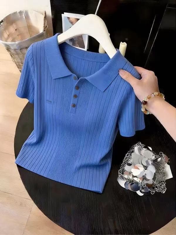 진한 파란색 POLO 칼라 미니멀리즘 구덩이 기사 반팔 티셔츠 여성 2026 여름 고유 한 아름다운 한 부서 chic 작은 맨위