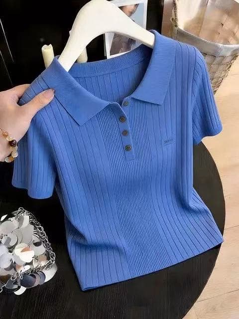 진한 파란색 POLO 칼라 미니멀리즘 구덩이 기사 반팔 티셔츠 여성 2026 여름 고유 한 아름다운 한 부서 chic 작은 맨위 상세 이미지 2