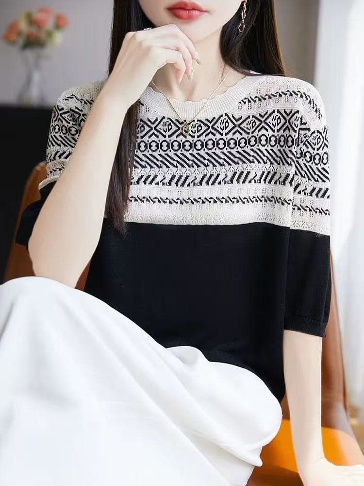 배색 스트라이프 홀로우 아웃 반팔 티셔츠 여성 여름 2026 새로운 기본 셔츠 외국 가스 얼음 실크 니트 여성 의류 맨위