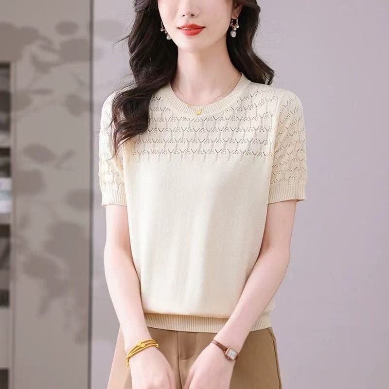 얼음 실크 홀로우 아웃 반팔 티셔츠 여성 의류 엄마 여름 새로운 루즈핏 연령 감소 얇은 스타일 반소매 뽕나무 누에 실크 니트 스웨터 이미지 2