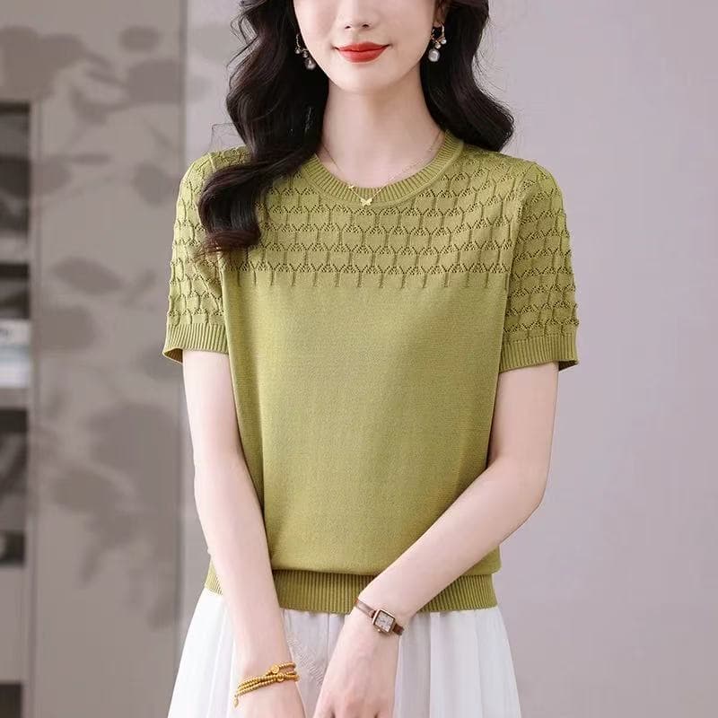 얼음 실크 홀로우 아웃 반팔 티셔츠 여성 의류 엄마 여름 새로운 루즈핏 연령 감소 얇은 스타일 반소매 뽕나무 누에 실크 니트 스웨터 이미지 3