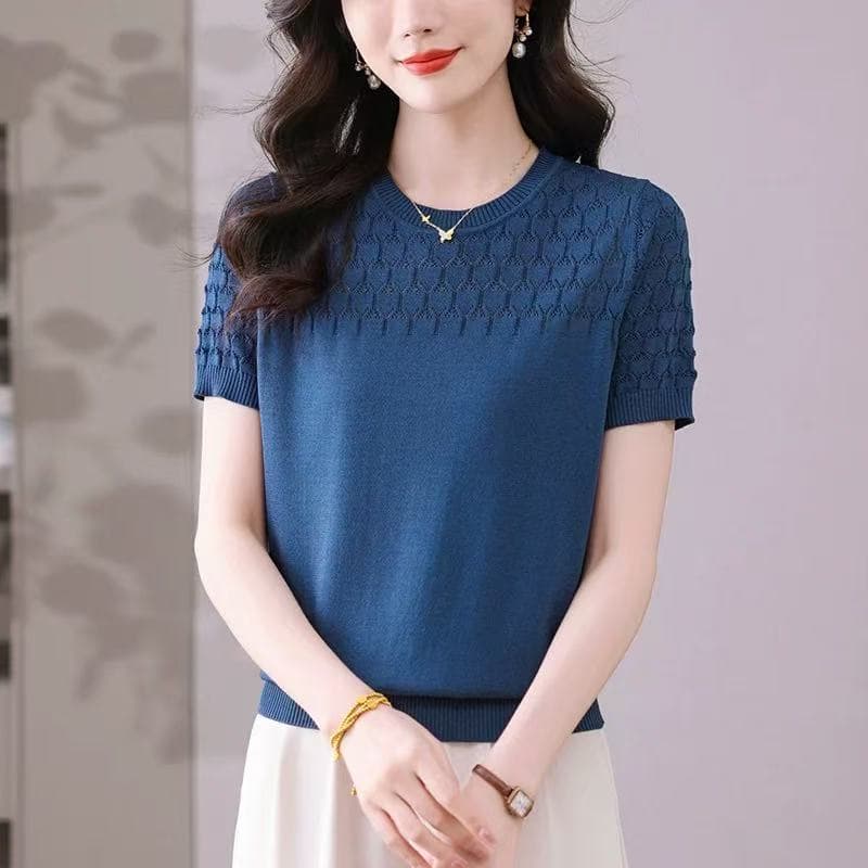 얼음 실크 홀로우 아웃 반팔 티셔츠 여성 의류 엄마 여름 새로운 루즈핏 연령 감소 얇은 스타일 반소매 뽕나무 누에 실크 니트 스웨터 이미지 4