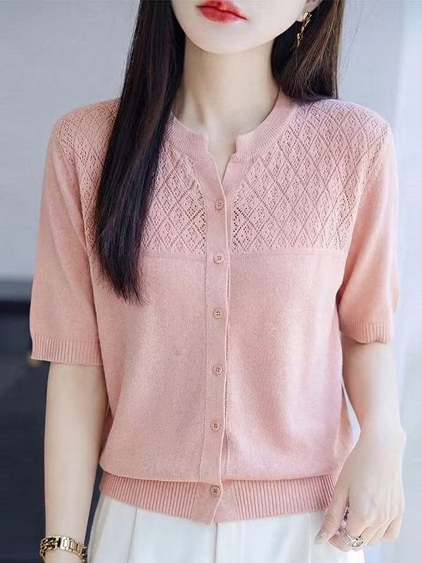 프랑스식 부드러운 바람 홀로우 아웃 니트 오픈 가디건 여성용 짧은 소매 티셔츠 여름 홀로우 아웃 패션 외국 가스 슬림해 보이는 얼음 실크 맨위 이미지 2
