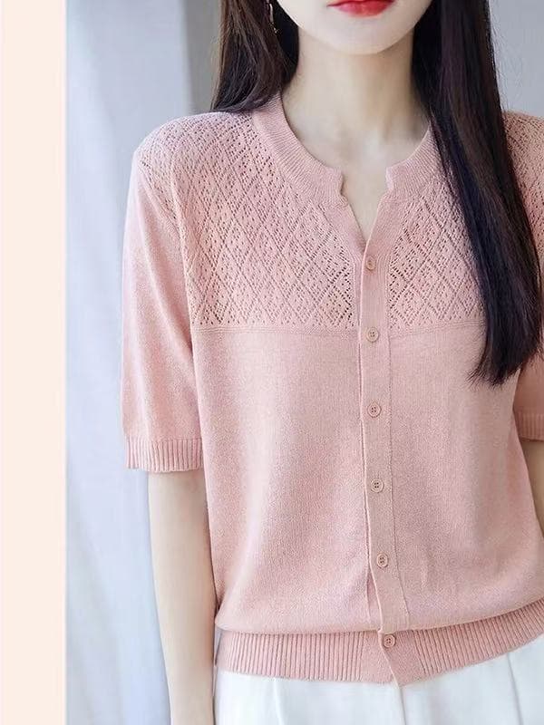 프랑스식 부드러운 바람 홀로우 아웃 니트 오픈 가디건 여성용 짧은 소매 티셔츠 여름 홀로우 아웃 패션 외국 가스 슬림해 보이는 얼음 실크 맨위 이미지 4