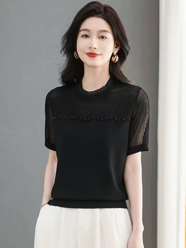 얼음 실크 반팔 티셔츠 여성 여름 2026 새로운 폭발 뽕나무 누에 실크 니트 스웨터 고급 브랜드 동정 맨위 이미지 2