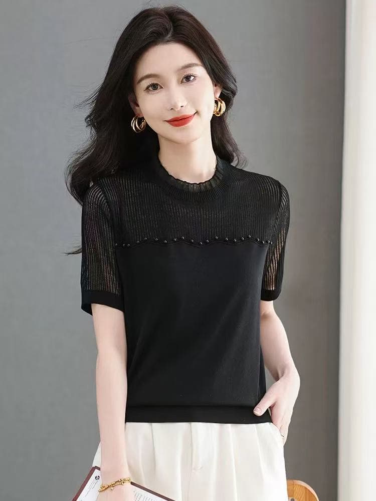 얼음 실크 반팔 티셔츠 여성 여름 2026 새로운 폭발 뽕나무 누에 실크 니트 스웨터 고급 브랜드 동정 맨위 이미지 4