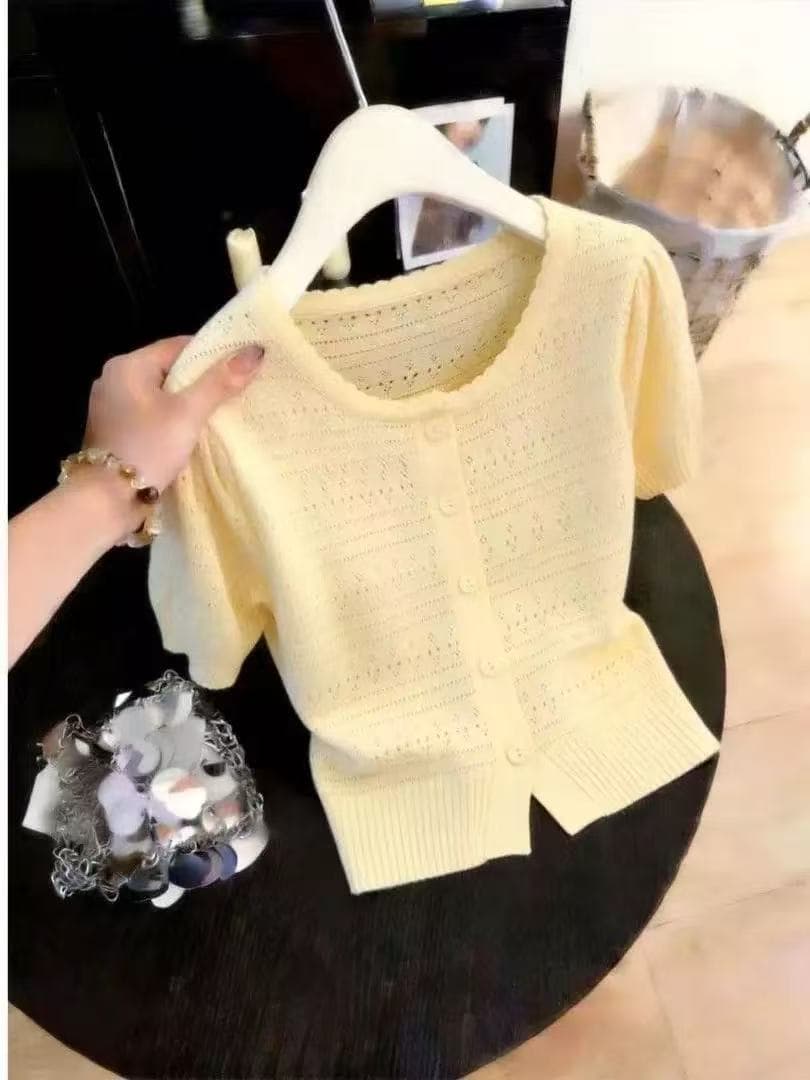 한 부서 반팔 티셔츠 여성 여름 2026 새로운 디자인 센스 홀로우 아웃 니트 오픈 가디건 작은 대중 고유 한 Chic 맨위 상세 이미지 1