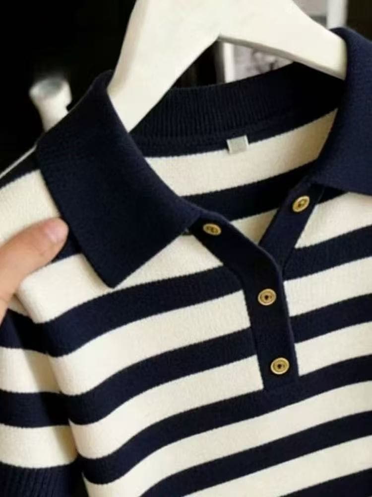캐주얼 바람 스트라이프 POLO 칼라 반팔 니트 스웨터 여성 2026 새로운 여름 얇은 스타일 몸매 가꾸기 풀오버 맨위 여성 의류 상세 이미지 4