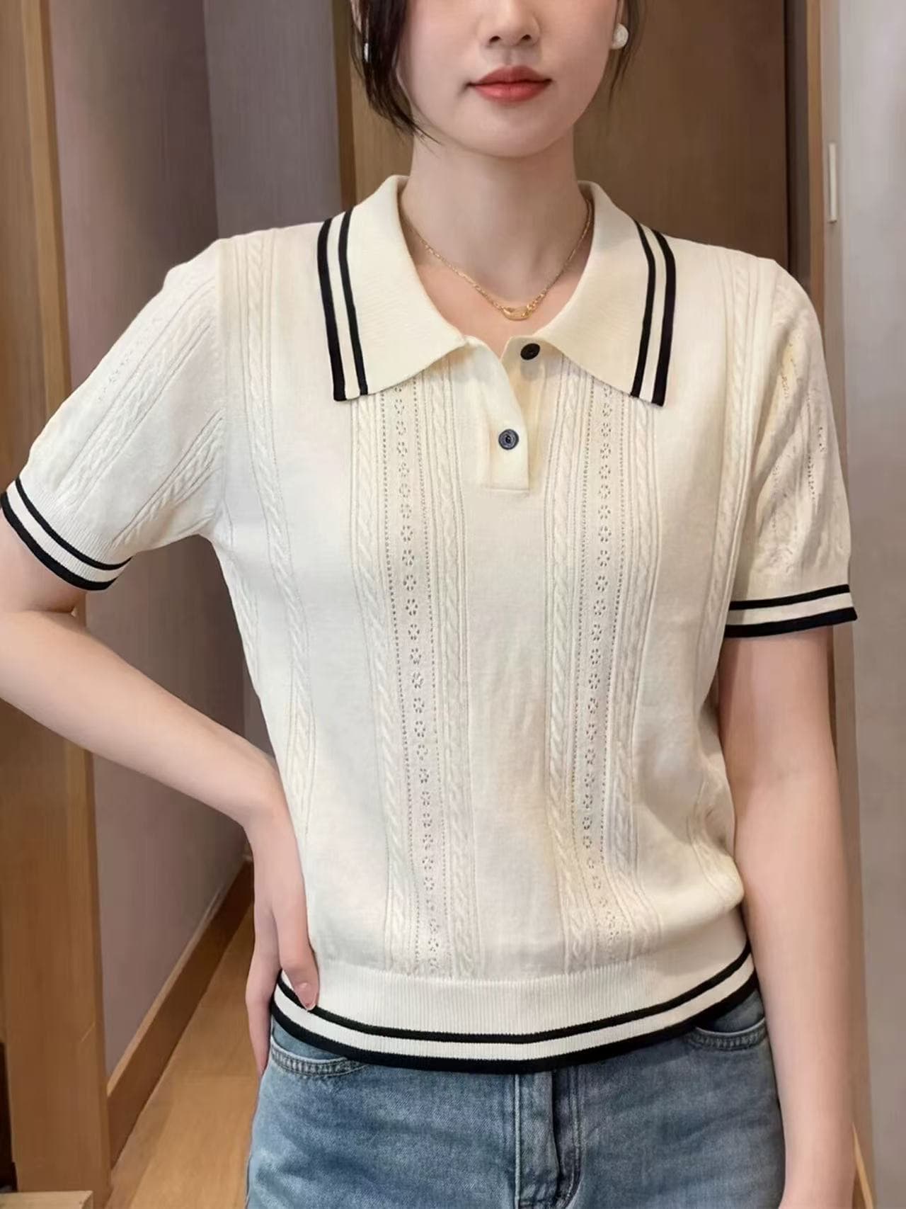 한 부서 연령 감소 화이트 POLO 칼라 반팔 티셔츠 니트 스웨터 여성 2026 여름 새로운 자이언트 잘 생긴 슬림해 보이는 맨위 이미지 3
