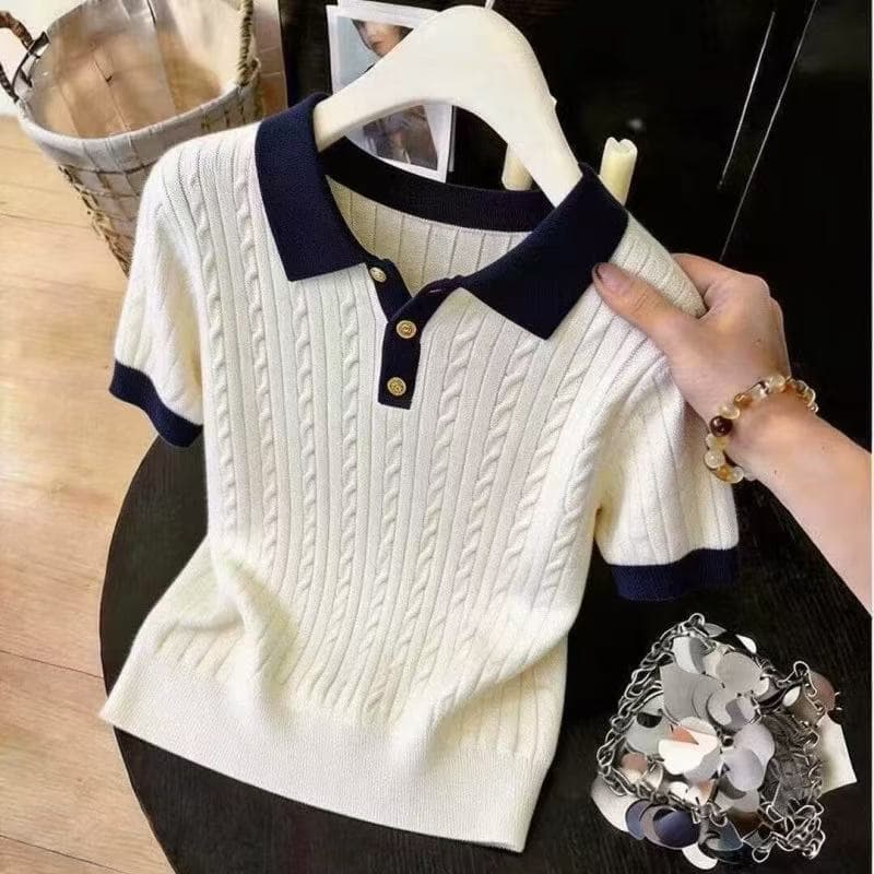 한 부서 얼음 실크 POLO 셔츠 티셔츠 여성 여름 얇은 스타일 작은 키 꽈배기 니트 반팔 쇼트 스타일 폴로 칼라 맨위 상세 이미지 5