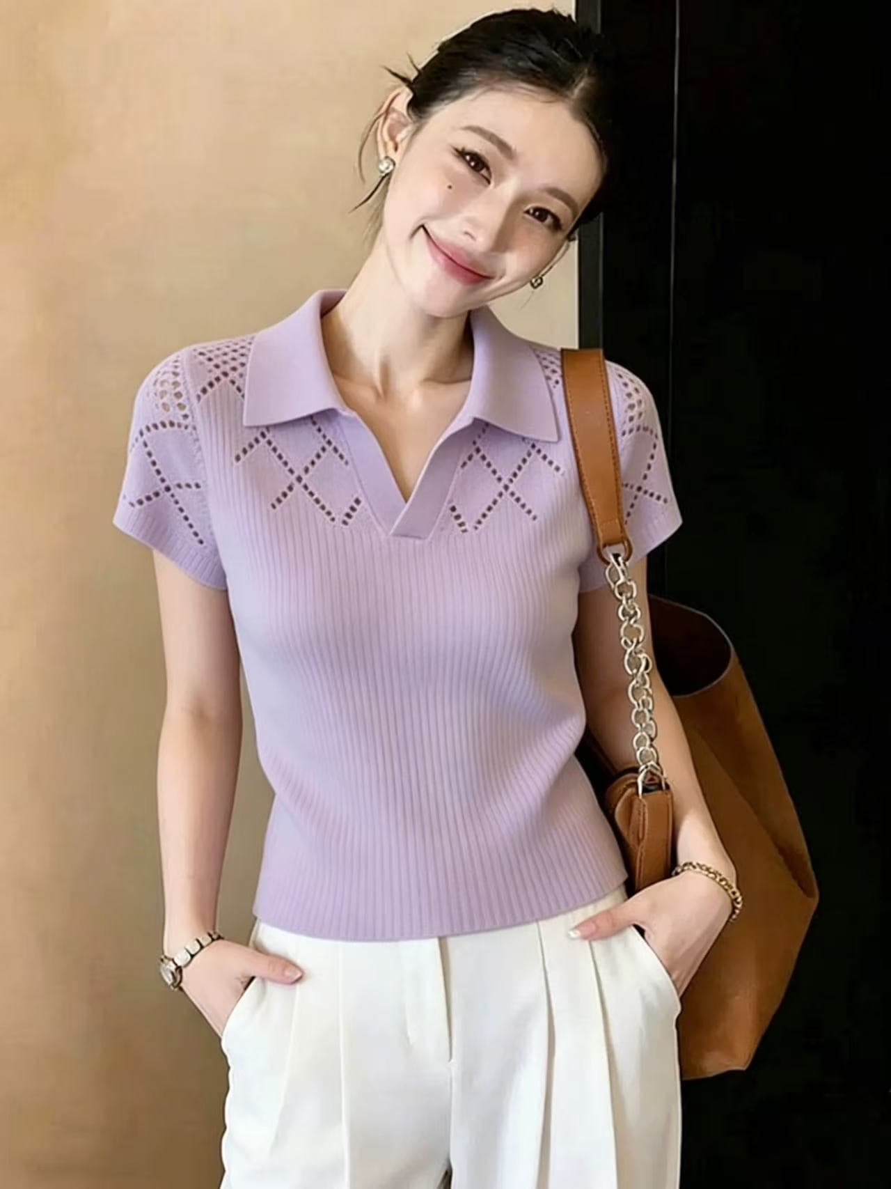 고급 센스 폴로 칼라 얇은 스타일 홀로우 아웃 얼음 실크 반팔 니트 스웨터 여자 2026 새로운 여름 한 부서 품격 맨위 이미지 3
