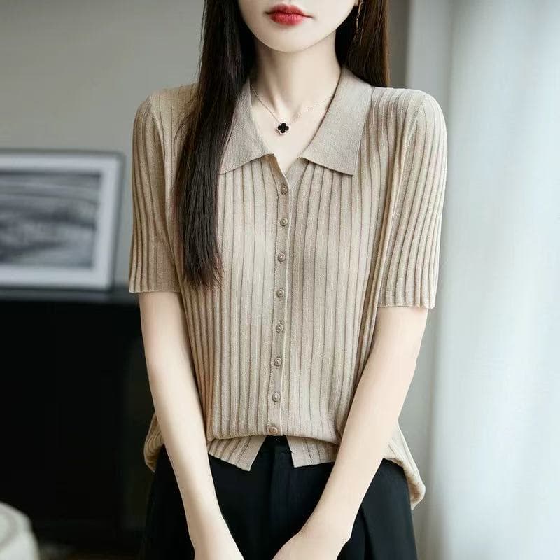 프랑스식 POLO 칼라 반팔 티셔츠 여성 얼음 마 니트 반소매 오픈 가디건 맨위 2026 새로운 얇고 가벼운 폴로 칼라 티셔츠 이미지 2
