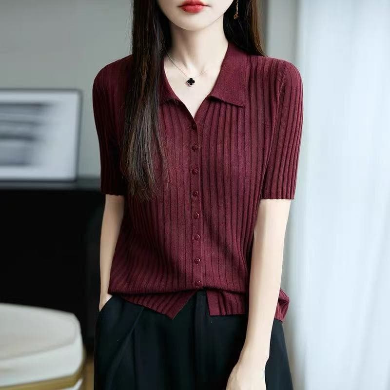 프랑스식 POLO 칼라 반팔 티셔츠 여성 얼음 마 니트 반소매 오픈 가디건 맨위 2026 새로운 얇고 가벼운 폴로 칼라 티셔츠 이미지 4