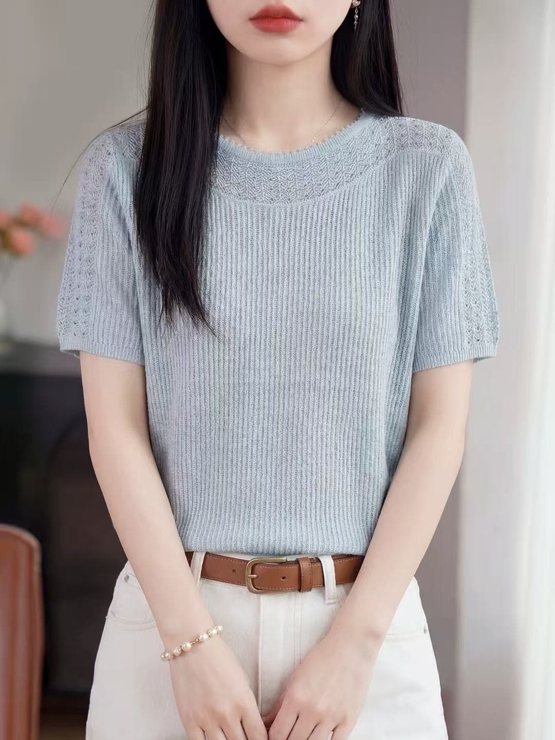 여름 새로운 한 부서 홀로우 아웃 니트 반팔 티셔츠 여성 루즈핏 인사이드 가져 가라. 낮음 라운드 넥 만나는 얇은 맨위 반소매 트렌디