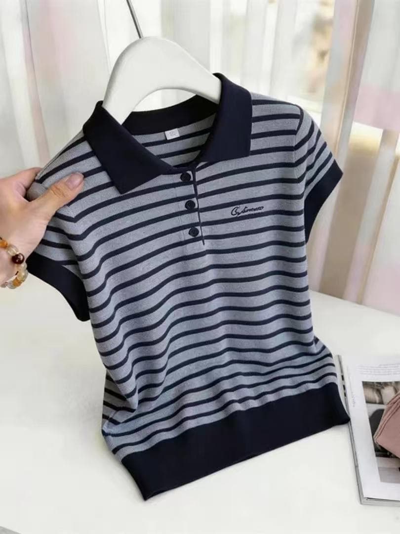 한 부서 연령 감소 POLO 칼라 스트라이프 반팔 티셔츠 여성 2026 새로운 품격 다용도 여름 작은 셔츠 느긋한 맨위