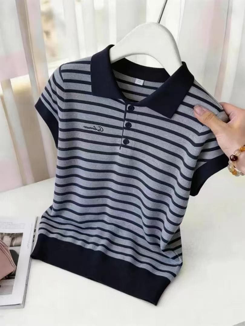 한 부서 연령 감소 POLO 칼라 스트라이프 반팔 티셔츠 여성 2026 새로운 품격 다용도 여름 작은 셔츠 느긋한 맨위 이미지 4