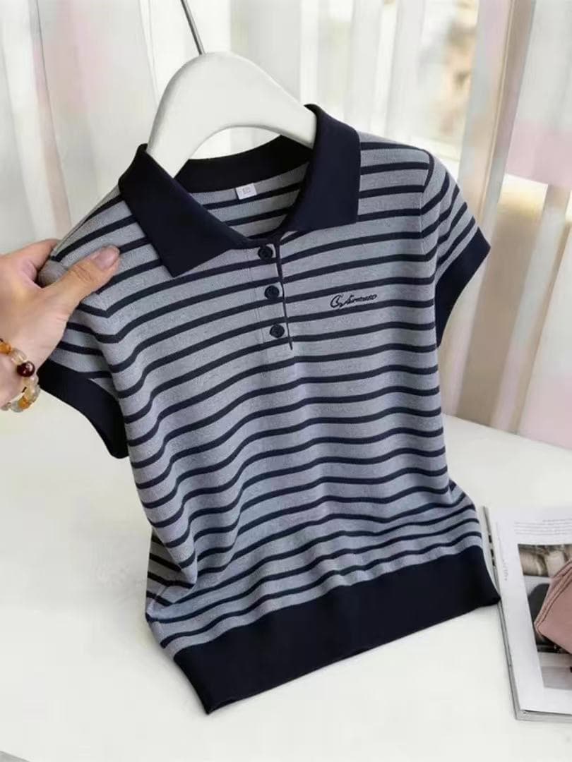 한 부서 연령 감소 POLO 칼라 스트라이프 반팔 티셔츠 여성 2026 새로운 품격 다용도 여름 작은 셔츠 느긋한 맨위 상세 이미지 3