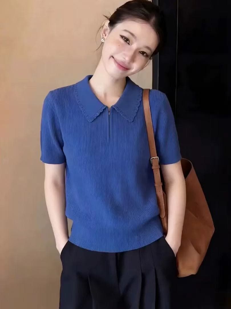 POLO 칼라 지퍼 얼음 실크 니트 반팔 티셔츠 여성 2026 여름 새로운 빅 사이즈 연령 감소 슬림해 보이는 파란색 맨위