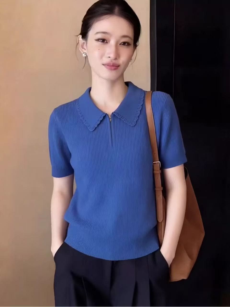POLO 칼라 지퍼 얼음 실크 니트 반팔 티셔츠 여성 2026 여름 새로운 빅 사이즈 연령 감소 슬림해 보이는 파란색 맨위 이미지 3