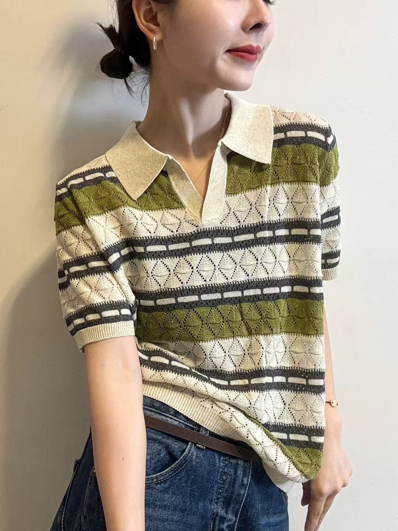 POLO 칼라 자수 홀로우 아웃 반팔 스트라이프 얼음 실크 니트 스웨터 여성 유럽 역 2026 여름 드레스 새로운 기본 셔츠 트렌디 이미지 3