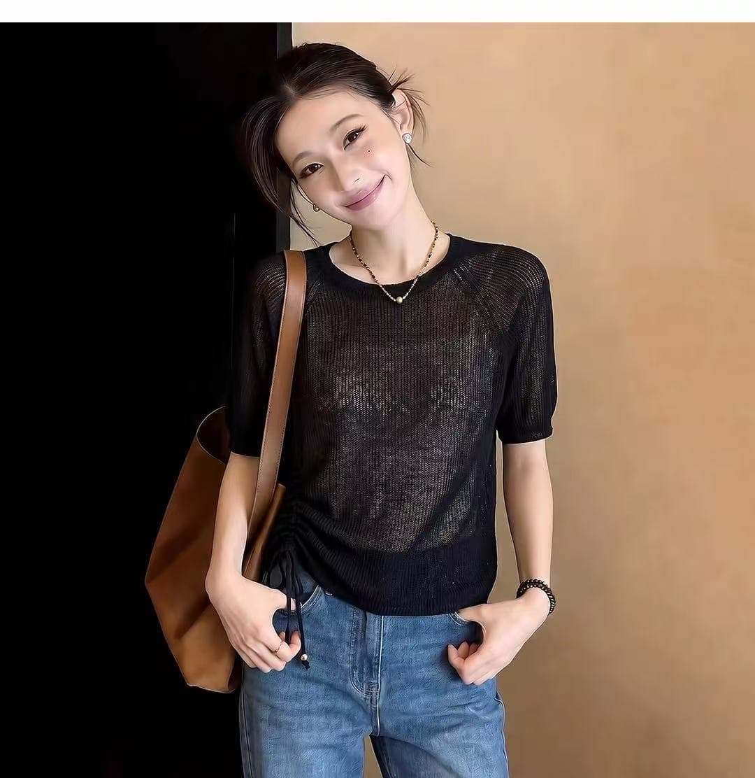 디자인 센스 레이스 라운드 넥 긍정적 인 어깨 반팔 티셔츠 여성 2026 여름 빅 사이즈 지방 mm 루즈핏 펌프 로프 니트 맨위 상세 이미지 5
