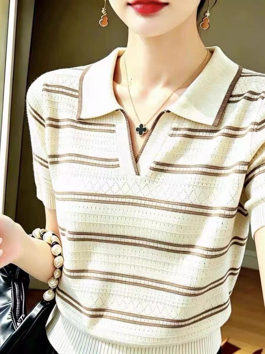 레트로 스트라이프 POLO 칼라 반팔 니트 스웨터 여성 2026 여름 얇은 스타일 디자인 센스 작은 대중 홀로우 아웃 맨위 이미지 2