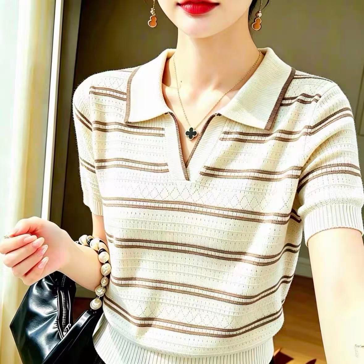 레트로 스트라이프 POLO 칼라 반팔 니트 스웨터 여성 2026 여름 얇은 스타일 디자인 센스 작은 대중 홀로우 아웃 맨위 이미지 4