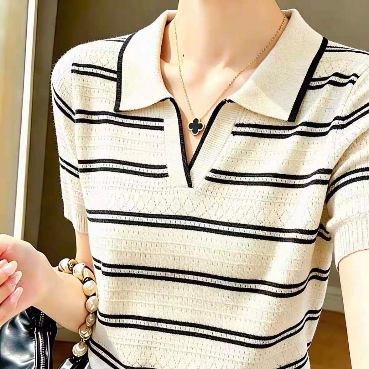 레트로 스트라이프 POLO 칼라 반팔 니트 스웨터 여성 2026 여름 얇은 스타일 디자인 센스 작은 대중 홀로우 아웃 맨위 이미지 5