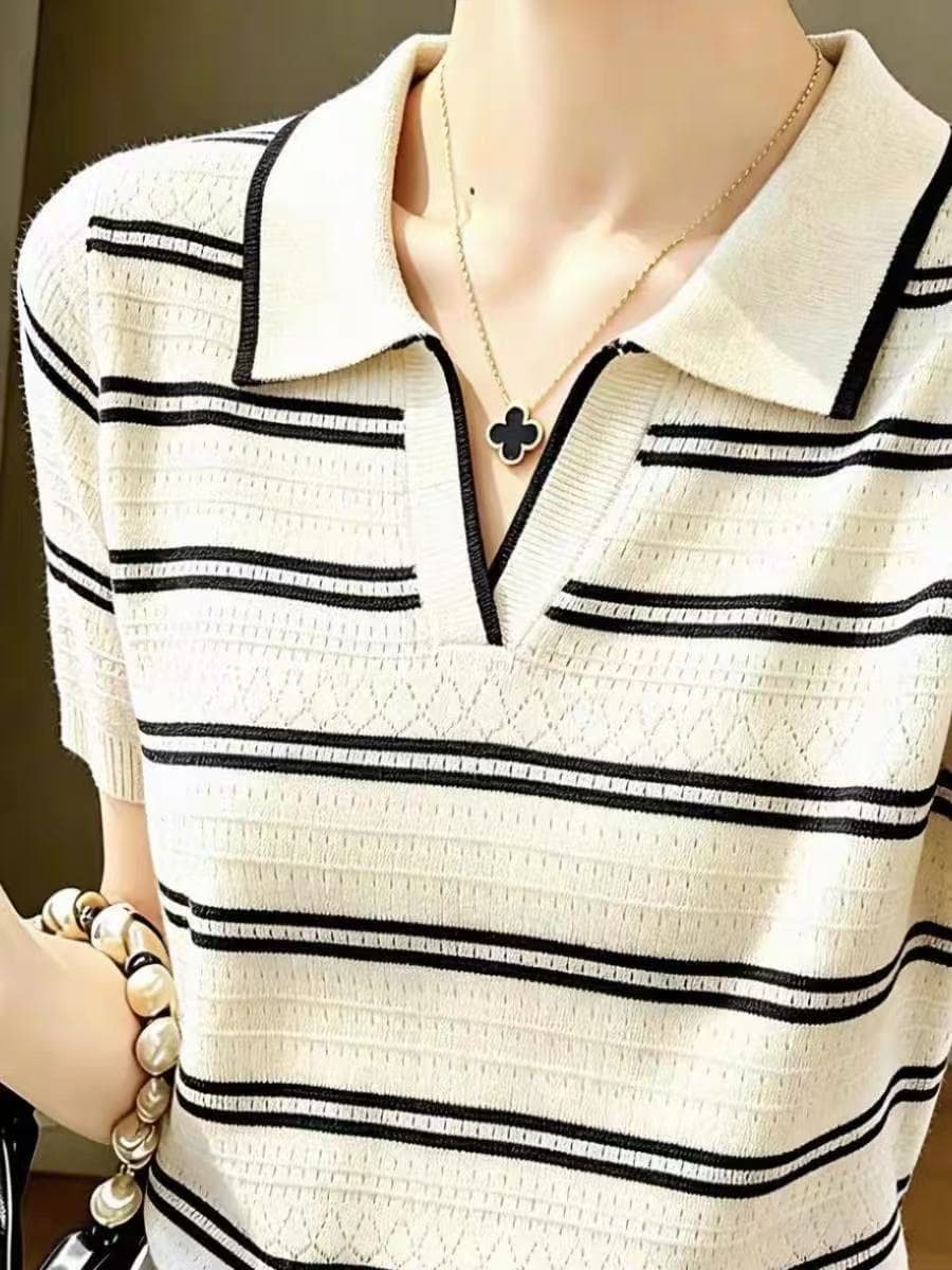 레트로 스트라이프 POLO 칼라 반팔 니트 스웨터 여성 2026 여름 얇은 스타일 디자인 센스 작은 대중 홀로우 아웃 맨위 상세 이미지 1