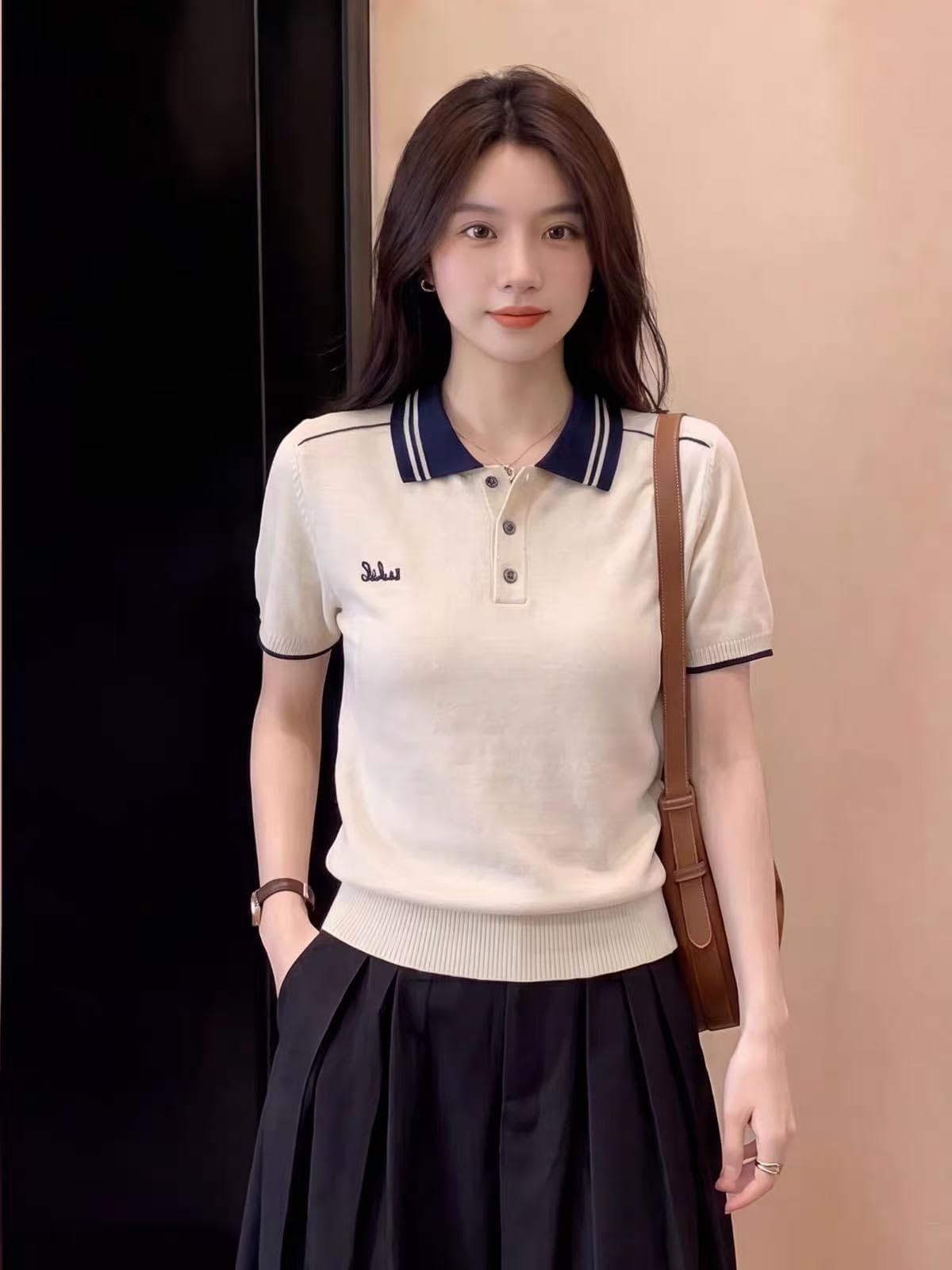 학원 스타일 배색 POLO 칼라 반팔 니트 스웨터 여성 여름 다용도 품격 얇은 스타일 몸매 가꾸기 슬림해 보이는 동정 맨위 상세 이미지 4