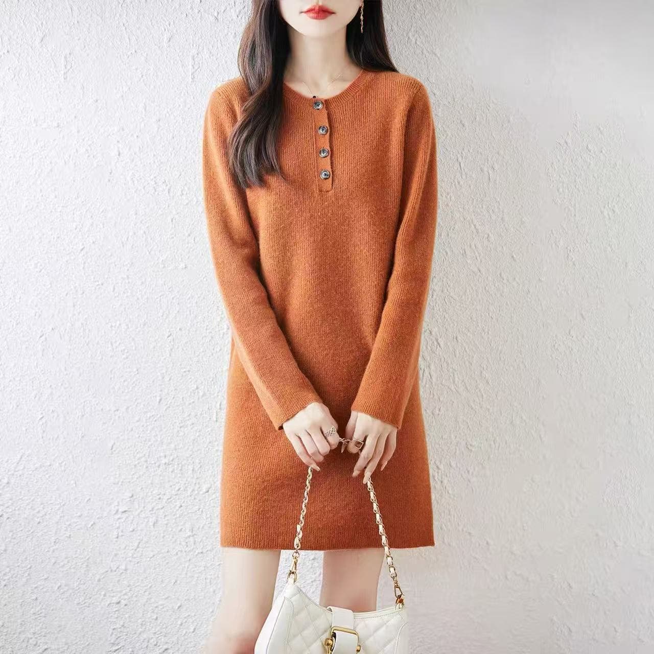 가을 겨울 빛 요리 한 우아함 바람 순양모 라운드 넥 니트 여성 드레스 중간 길이 단추 풀오버 스웨터 드레스 상세 이미지 3