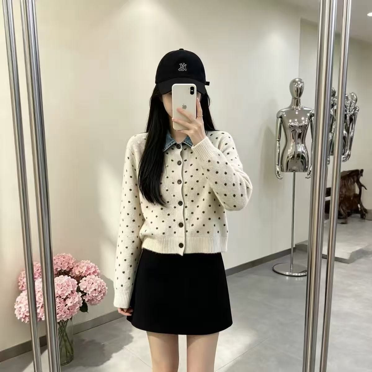 프랑스식 도트 무늬 페이크 레이어드 데님 패치워크 POLO 칼라 니트 스웨터 부드러운 찹쌀 연령 감소 스웨터 코트 가을 겨울철 새로운