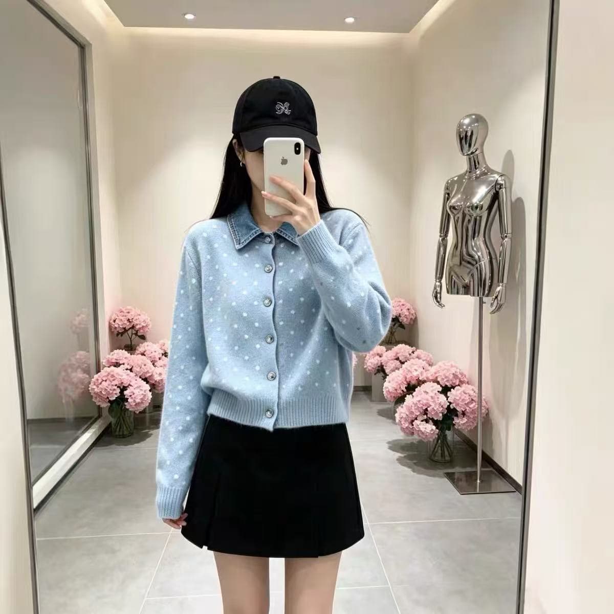 프랑스식 도트 무늬 페이크 레이어드 데님 패치워크 POLO 칼라 니트 스웨터 부드러운 찹쌀 연령 감소 스웨터 코트 가을 겨울철 새로운 상세 이미지 3